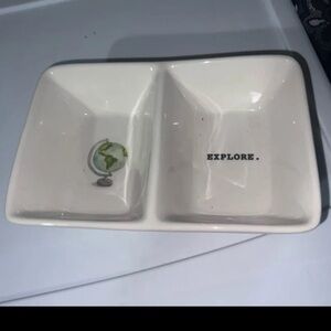 Rae Dunn dish 2 section dish “explore”  earth illustration